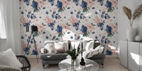 Floral wallpaper in navy and peach colors
