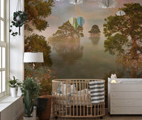 Beautiful watercolor lake sunset forest wallpaper for serene ambiance.