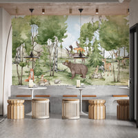 Artistic forest animal friend wallpaper mural for cozy interiors.