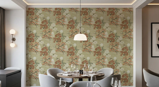 Oriental crane wallpaper in a dining room with a round table and grey chairs GD12746