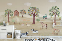 Barnyard wall mural with peaceful farm animals and greenery.