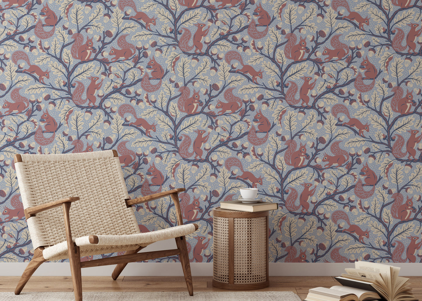 Whimsical oak tree and squirrel pattern in blue


