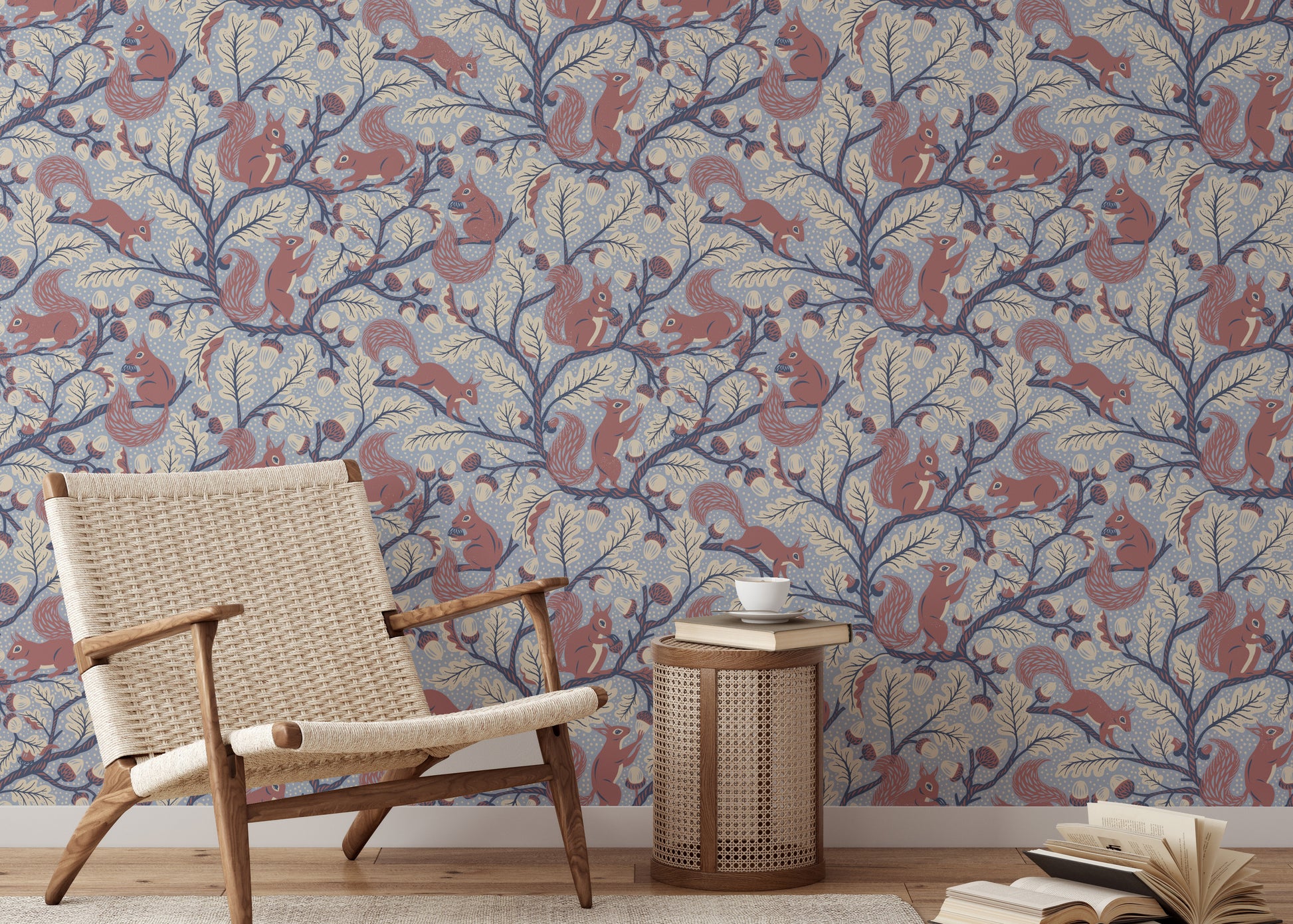 Whimsical oak tree and squirrel pattern in blue

