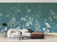 Serene garden with cranes wallpaper mural

