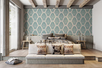 White and Blue Damask Wallpaper for Walls