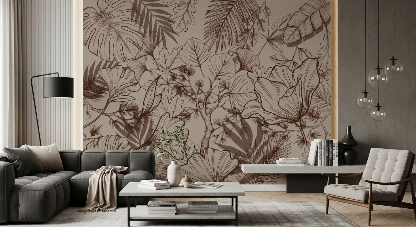 Monochromatic Botanical Line Art Wall Mural