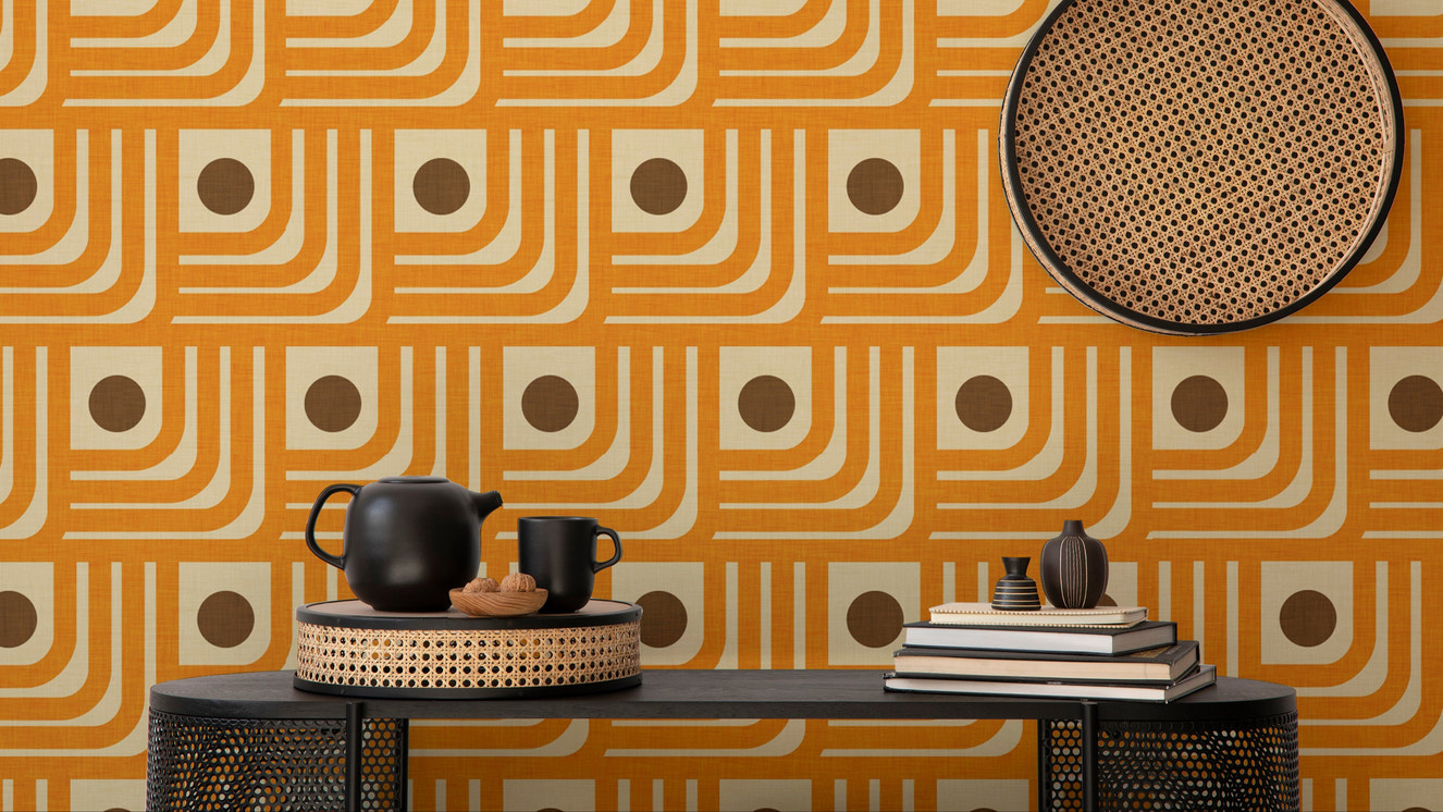 Retro 70s orange line wallpaper with brown dots
