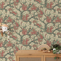 Oak tree branches with squirrels on green wallpaper

