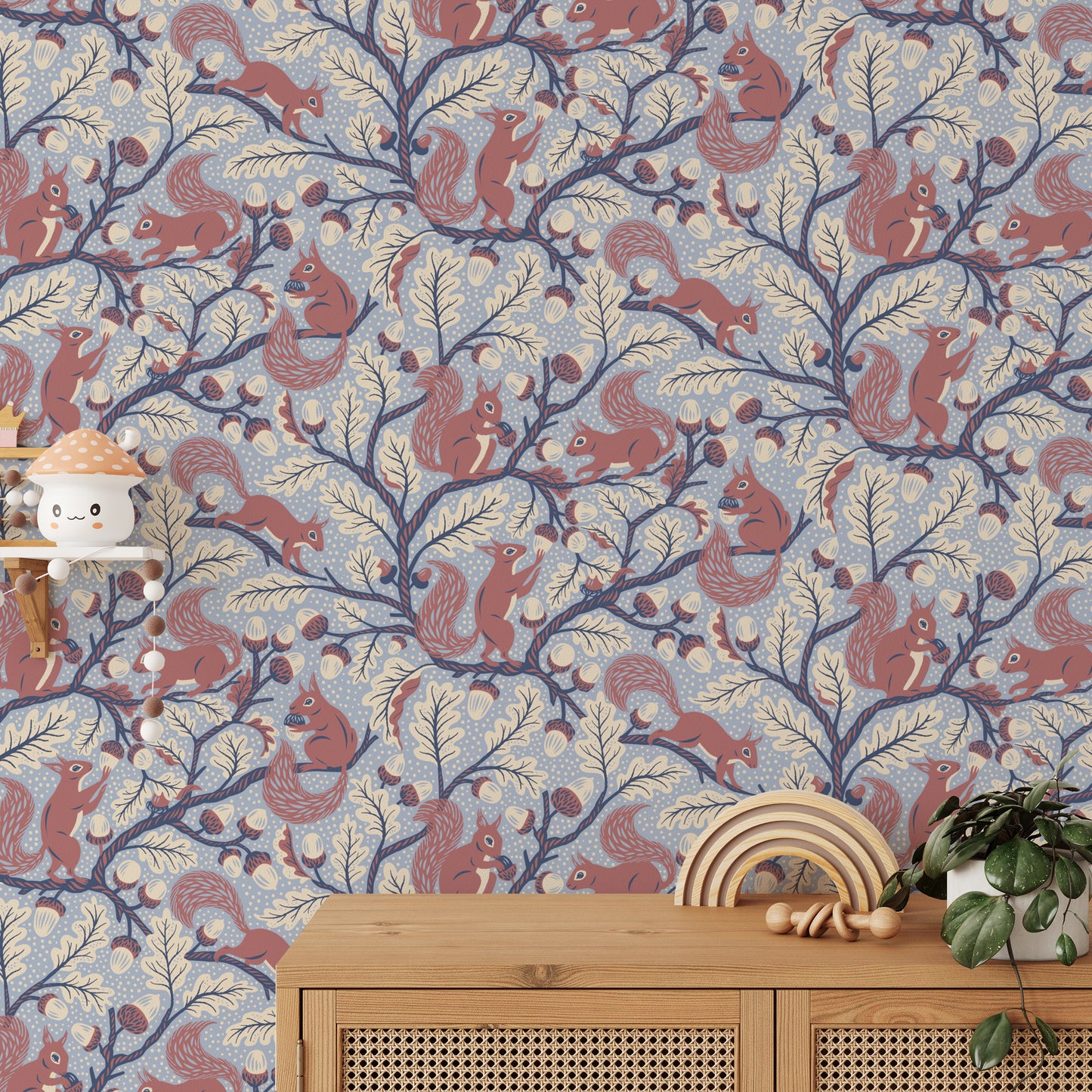 Squirrels on blue oak branches wallpaper design

