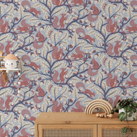 Squirrels on blue oak branches wallpaper design


