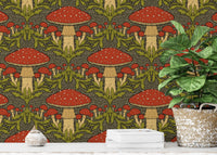 Charming deep red mushroom wallpaper for cozy, rustic spaces.
