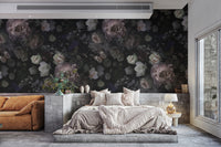 Moody mural of pink roses and wildflowers for bedroom

