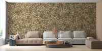 Watercolor wallpaper with soft pink flowers and lush greenery

