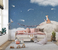 Fox On the Moon Blue Mural - Giffywalls