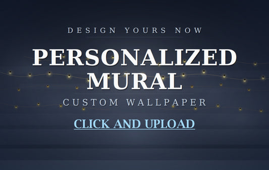 Upload Custom wallpaper banner on a dark navy string-light background reading Personalized Mural, Click and Upload