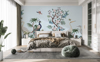 Chinoiserie wallpaper with peacock and herons
