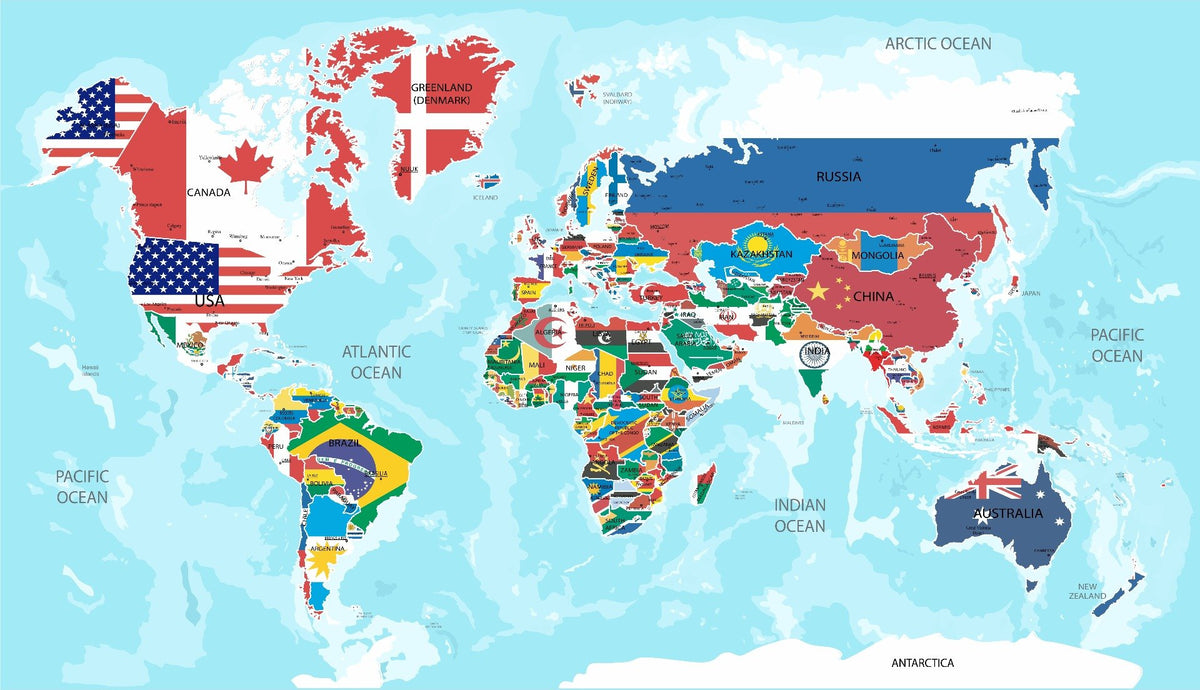 World Flags Wallpaper Mural in your room — zoomed