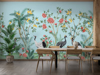 Tropical cranes and florals mural design

