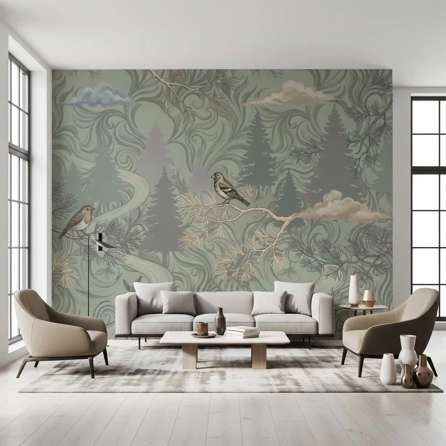 Misty Pine Forest Aviary Wall Mural