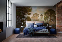 Add a tranquil touch with watercolor lake sunset forest wallpaper murals.