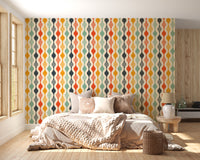 Playful retro bedroom wallpaper with colorful wavy patterns