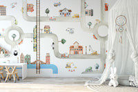 Fun city wallpaper with vehicles, roads, and playful design