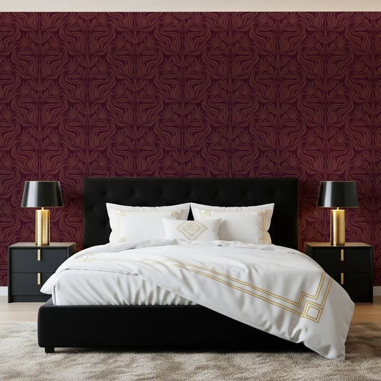 Deep Burgundy Damask Floral Pattern Wallpaper⁠