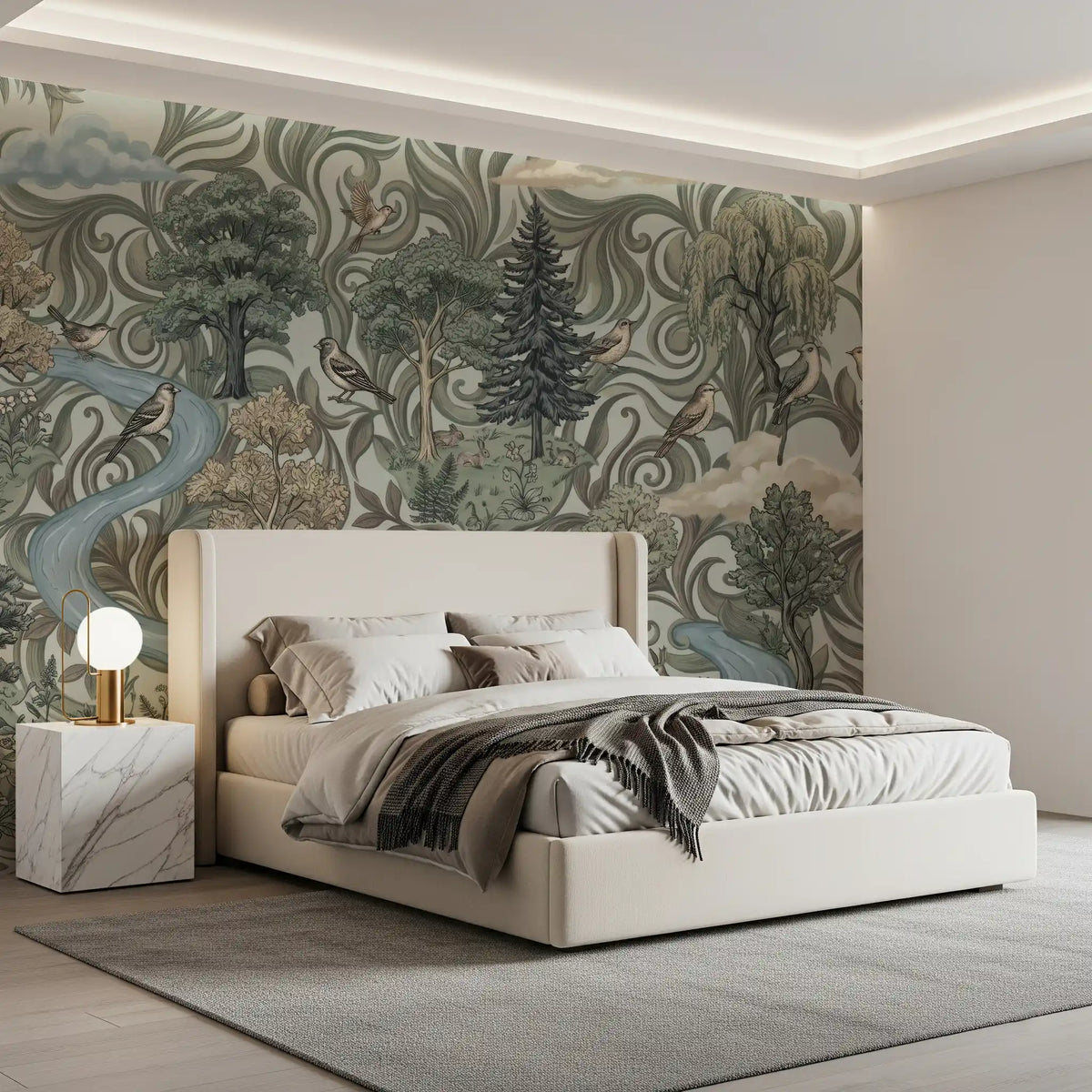 Misty forest river mural in a bedroom with a cream bed and marble nightstand GD12601
