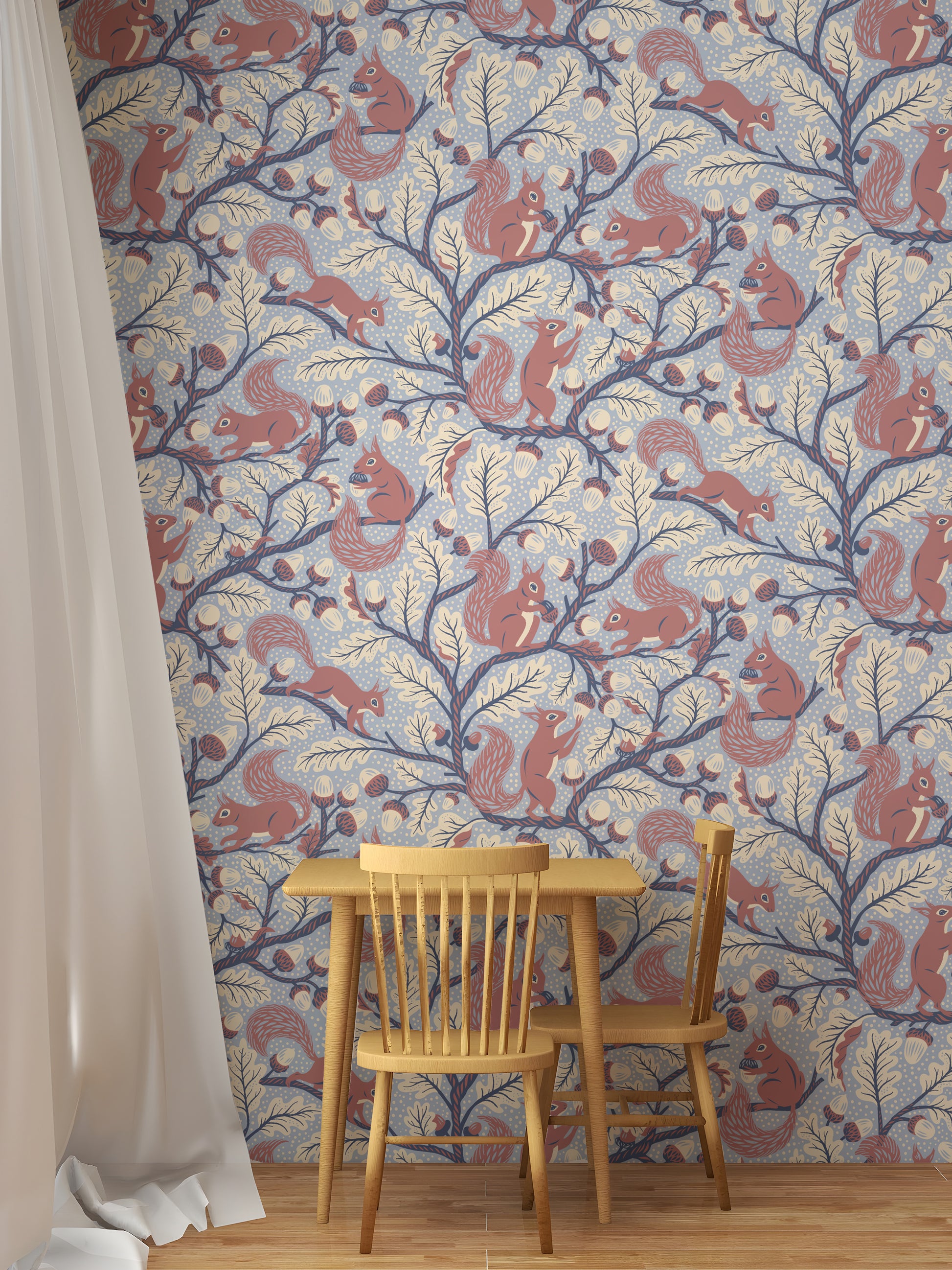 Forest animal wallpaper in soft blue tones

