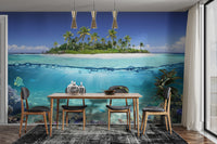 Tropical paradise mural with a blue ocean and palm-lined beach.