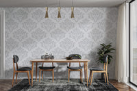 Grey damask repeat wallpaper for classic white wall styling.