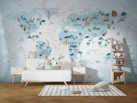 Blue Kids Room World Map Wallpaper Murals - Giffywalls