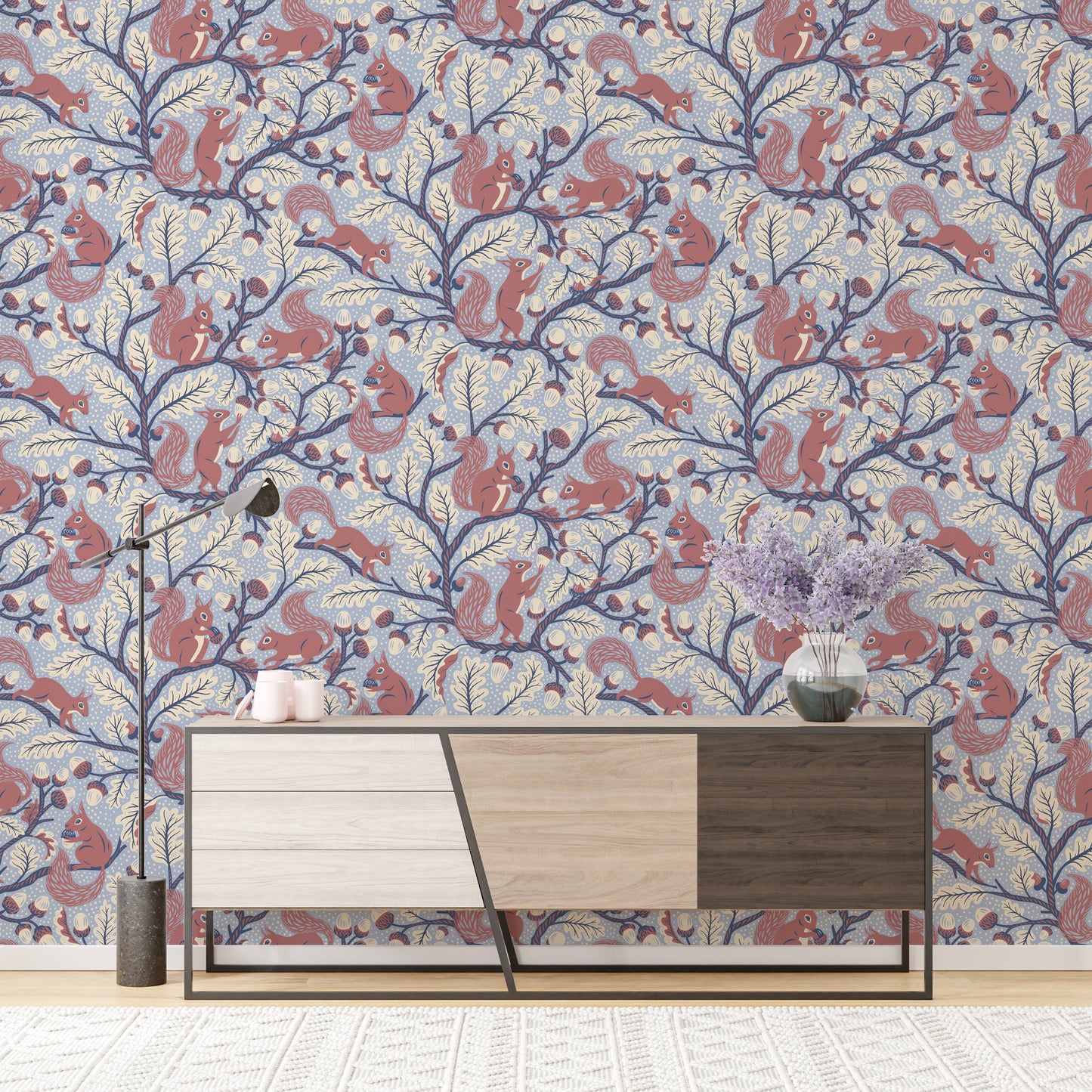 Light blue wallpaper with oak leaves and squirrels

