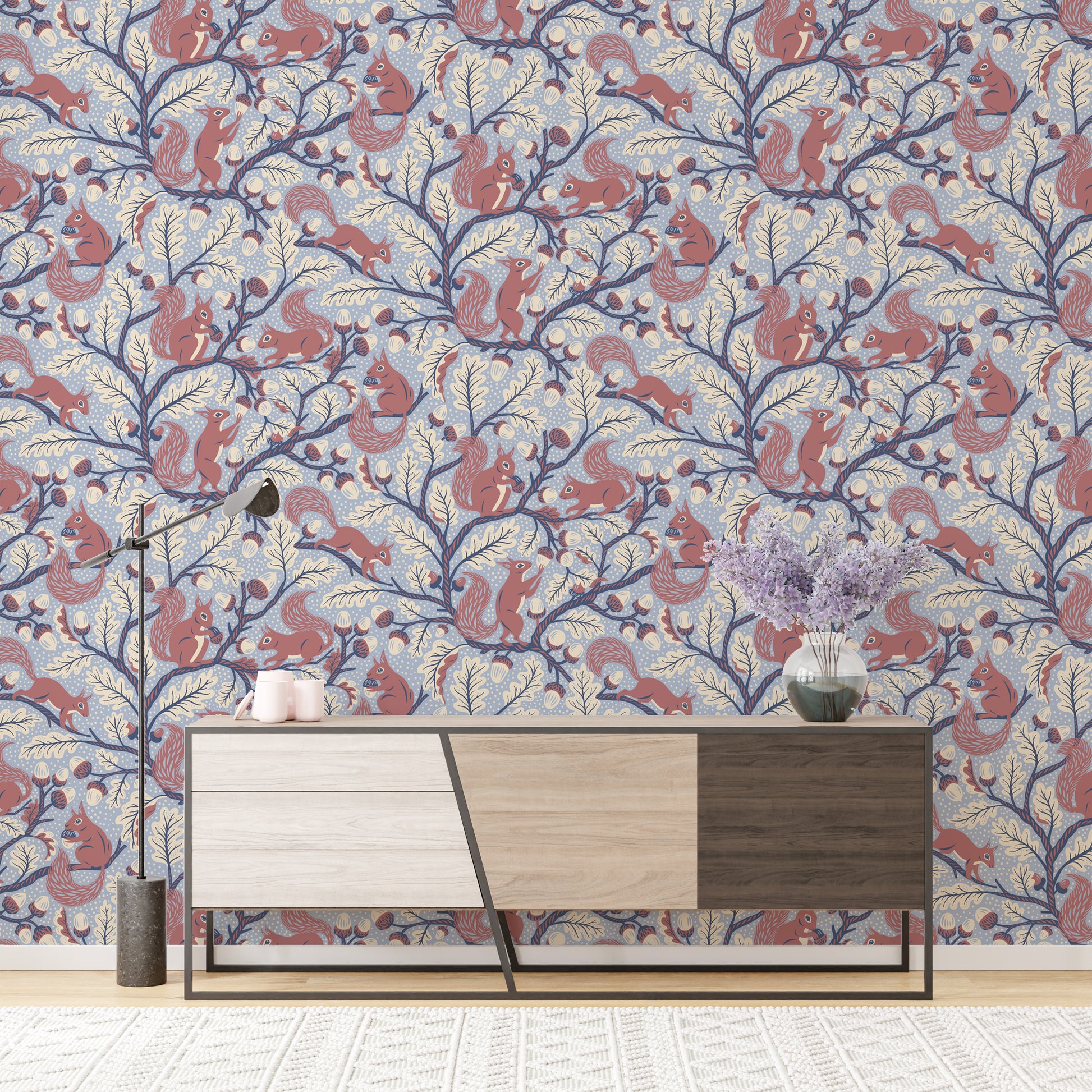 Light blue wallpaper with oak leaves and squirrels

