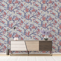 Light blue wallpaper with oak leaves and squirrels


