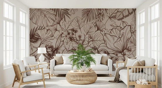 Monochromatic Botanical Line Art Wall Mural