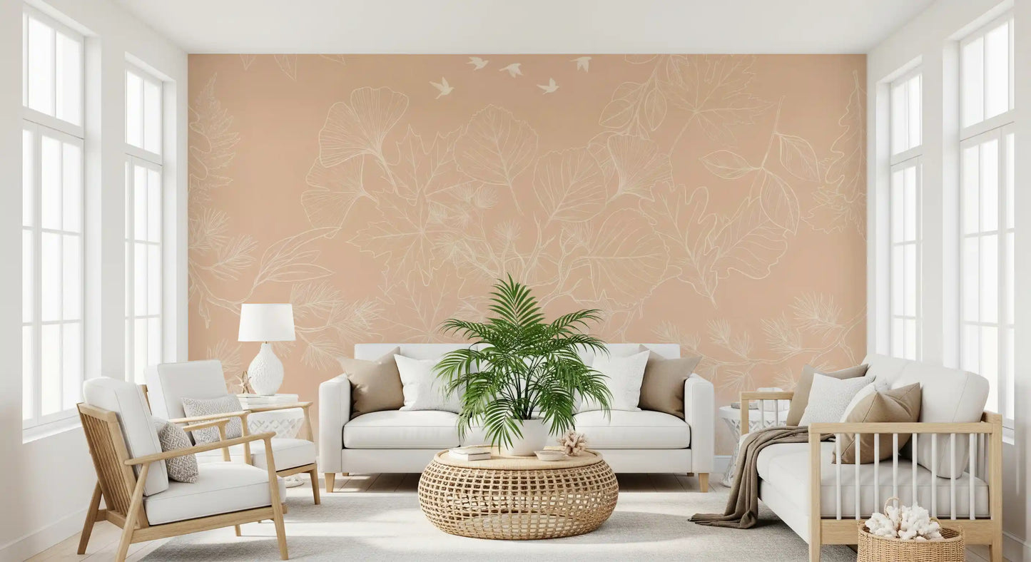 Serene Peach Botanical Line Art Wall Mural
