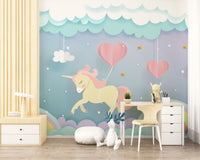 Magical unicorn mural with cloud accents
