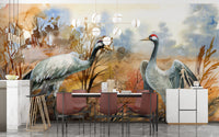 Autumn landscape & crane birds watercolor wallpaper - Giffywalls