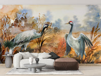 Serene autumn landscape and crane birds wallpaper
