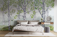 Green watercolor wood kids room wallpaper mural