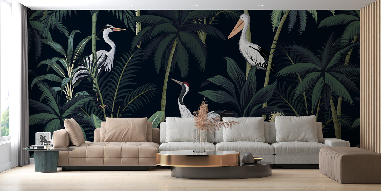 Tropical night sky with birds wallpaper mural for spaces