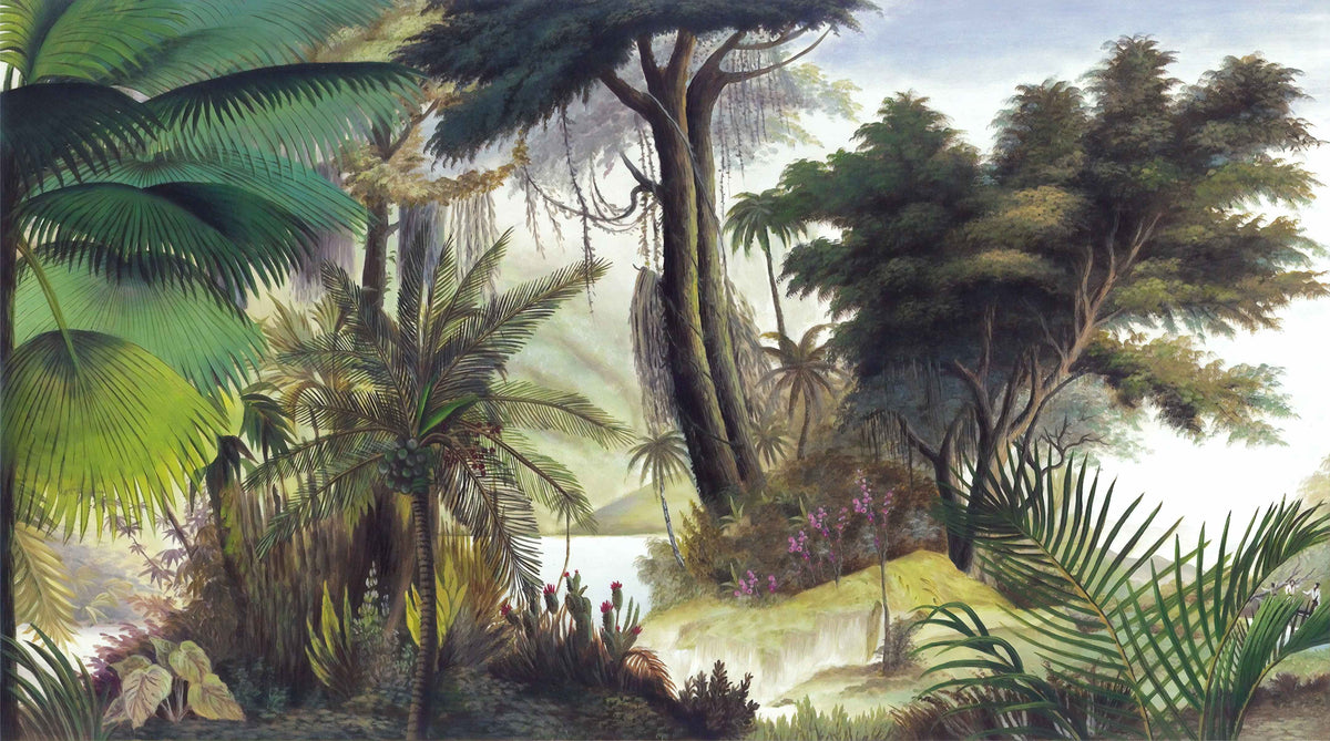 Tropical Foggy Forest Living Room Wallpaper Mural in your room — zoomed