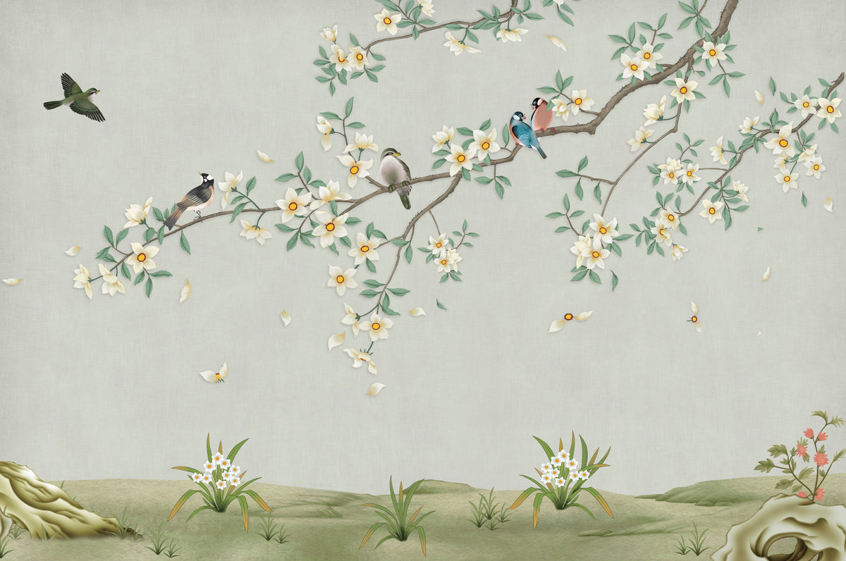Birds on Branch Green Color Wallpaper Mural