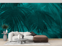 Tropical turquoise palm leaves wallpaper for living room