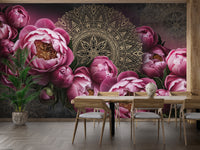 Elegant mandala wallpaper with pink flower accents
