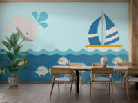 Whale with Boat Kids Room Wallpaper Murals - Giffywalls