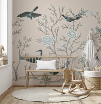 Cream crane birds on vintage tree mural
