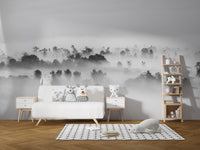 Foggy forest wallpaper mural in black and white.