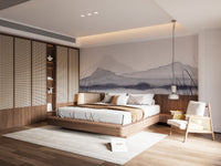 Hand-painted mountain scenery wallpaper in gray tones.